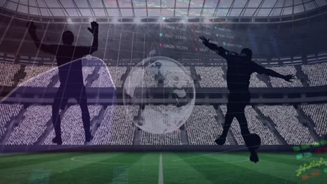 Animation-Von-Grafiken-Und-Datenverarbeitung,-Mit-Globus-Und-Fußballern-über-Dem-Sportstadion