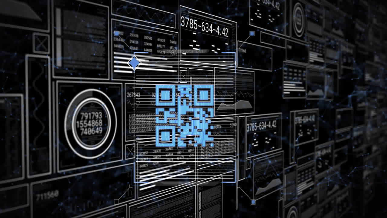 QR code and digital data processing animation over futuristic interface background