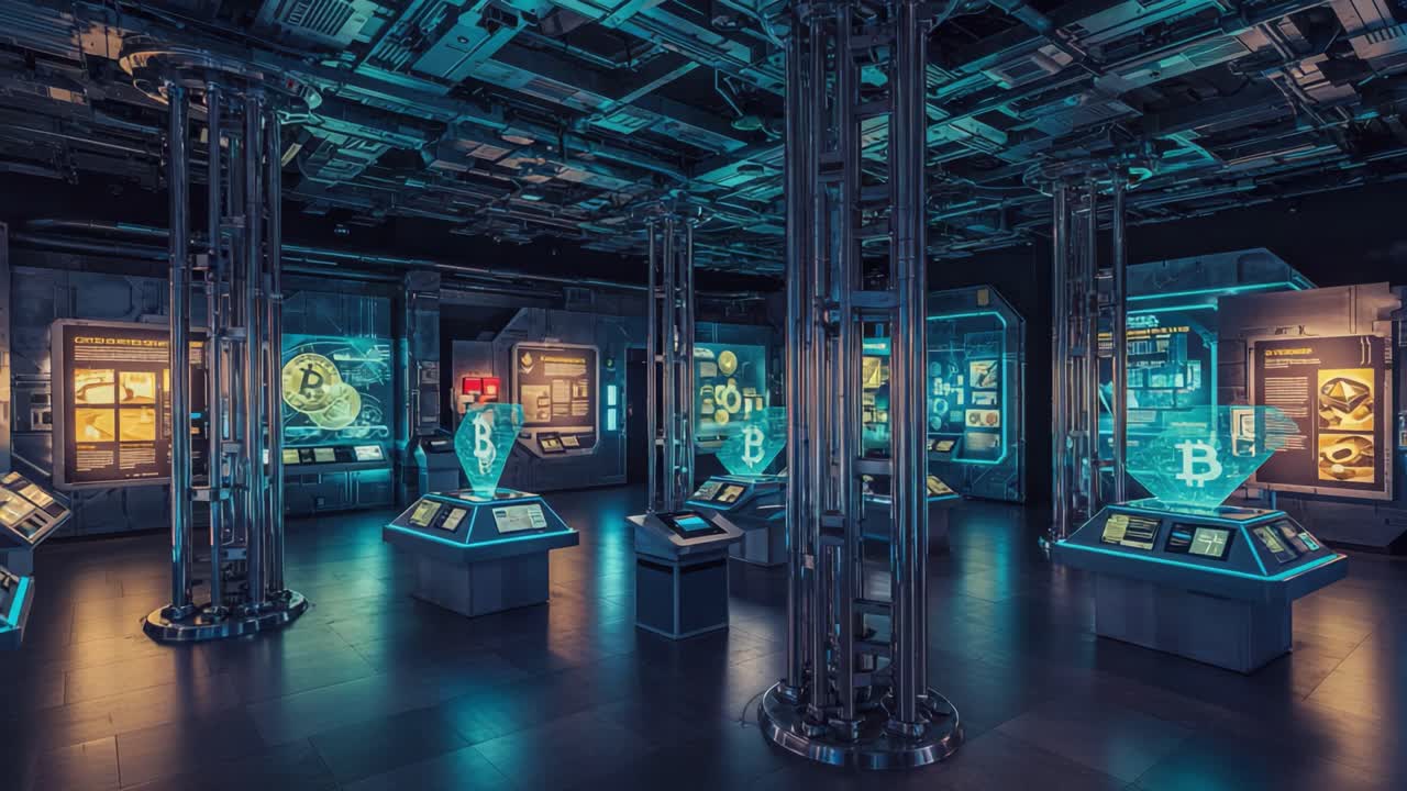 A Futuristic Exhibition of Cryptocurrency Technology, Showcasing Interactive Displays and Innovative Design Elements in a Modern Setting