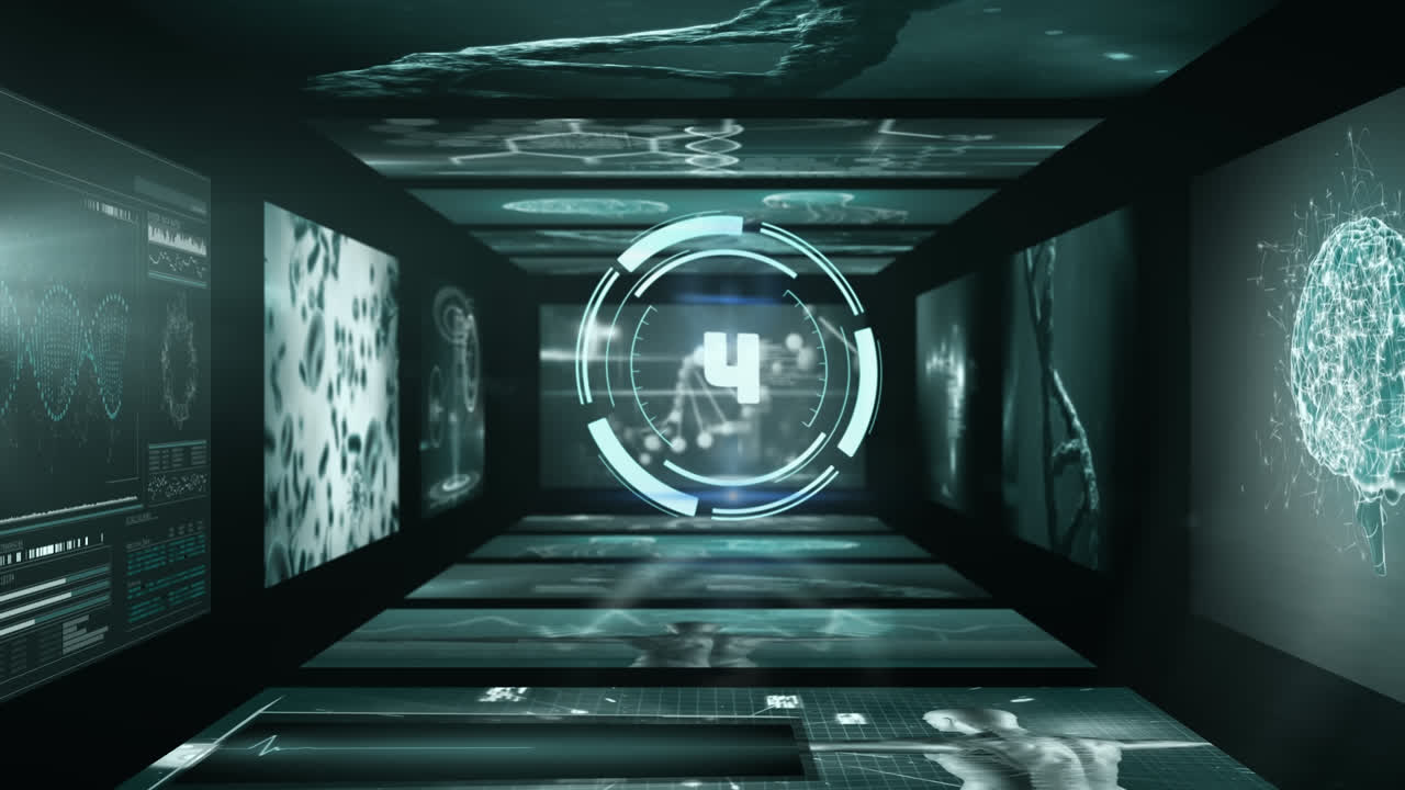 검은 바탕에 여러 의료 인터페이스를 통해 10에서 0까지 카운트다운의 애니메이션