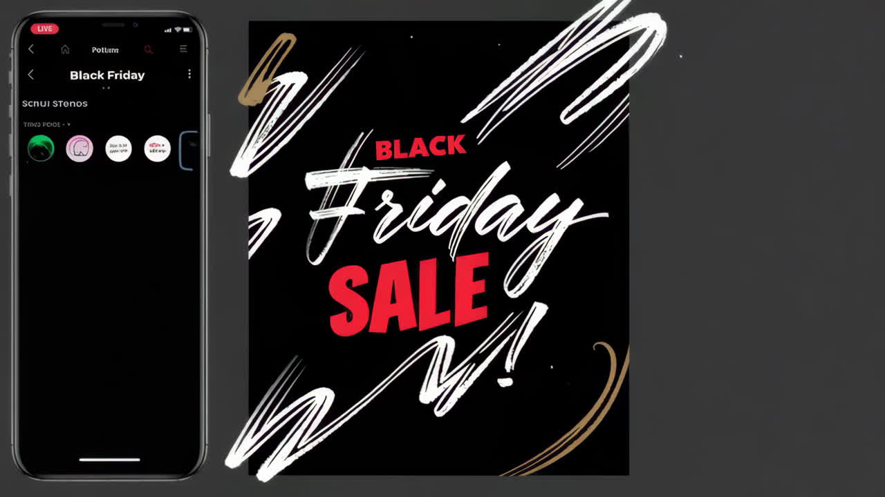 Poster Saldi Black Friday e mockup di video live per iPhone