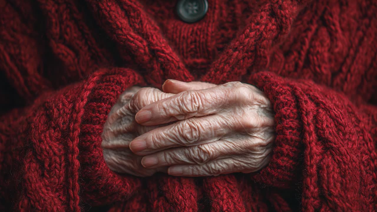 Close-Up of Weathered Hands Clasped Together, Wrapped in a Cozy Red Knit Sweater, Symbolizing Connection, Age, and the Comfort of Warmth