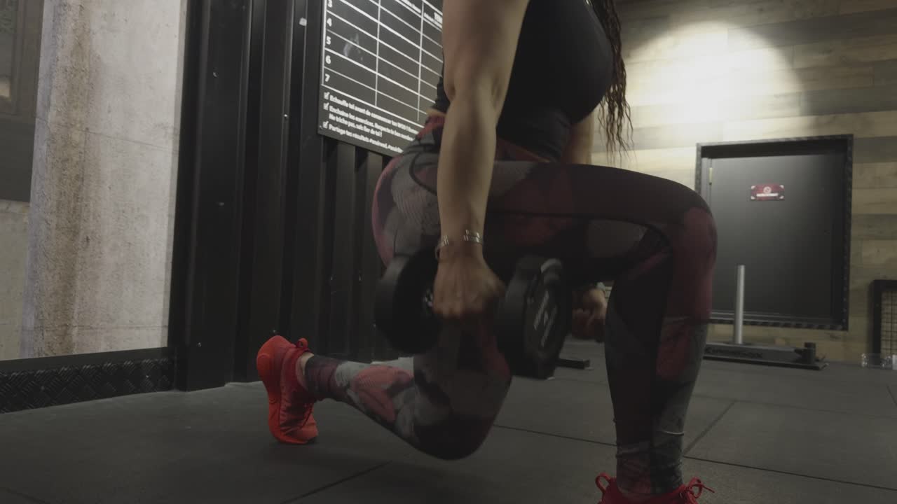 Sono visibili solo le gambe dell'atleta mentre esegue affondi saltati con manubri