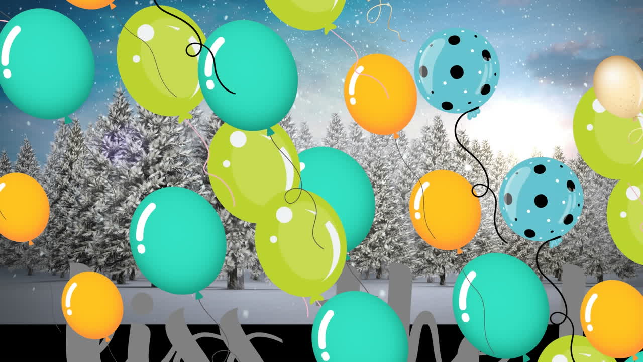 animación de globos de navidad sobre un paisaje de invierno.