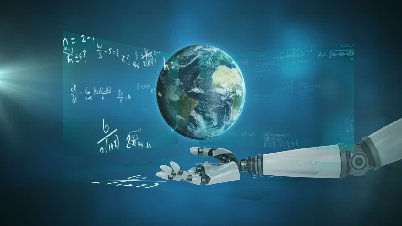 Globe spinning over robotic hand against mathematical equations on blue background