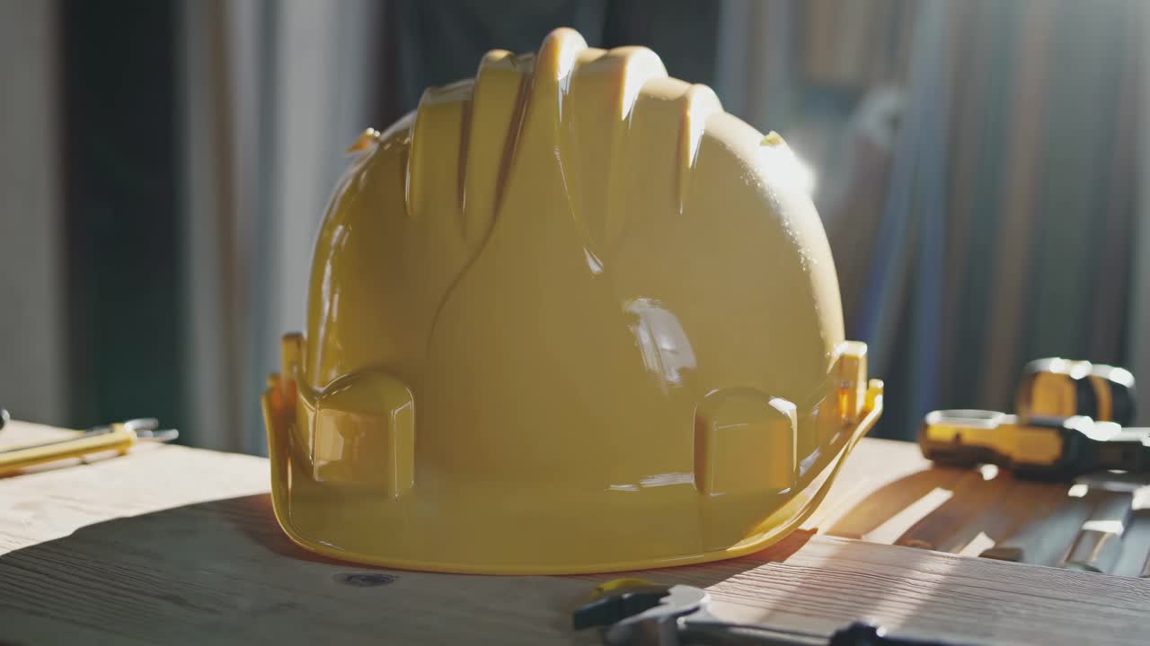 Close-up video shot of a yellow hard hat on a wooden table, with tools around