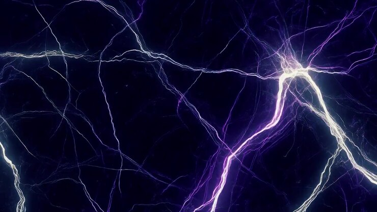 Animazione astratta di fulmini elettrici viola e bianchi luminosi