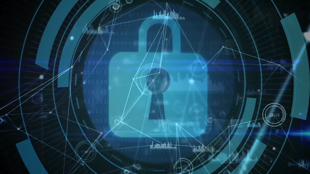Illustrating cybersecurity concept, digital lock and network connections in animation