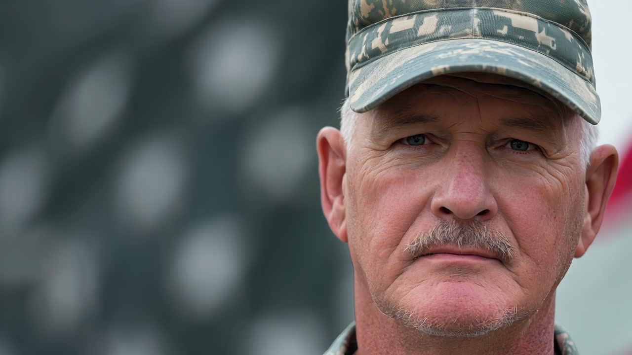 Serious military officer standing at attention, gazing directly with blurred american flag behind, embodying patriotic strength and unwavering dedication to national service