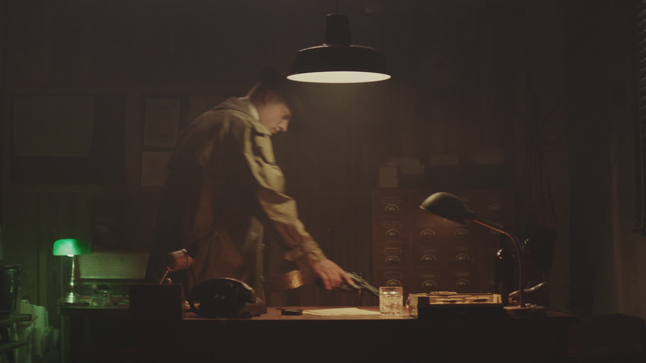 escena de la oficina de un detective antiguo