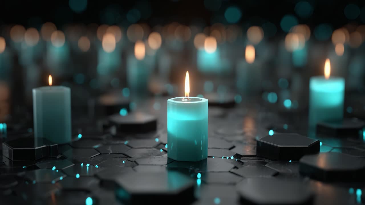 Uma cena cativante de velas cintilantes em meio a um plano de fundo geométrico moderno, criando uma atmosfera serena de luz e calma com brilhos suaves e designs elegantes