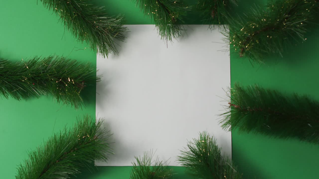 Blank white card with copy space framed with fir tree branches on green background