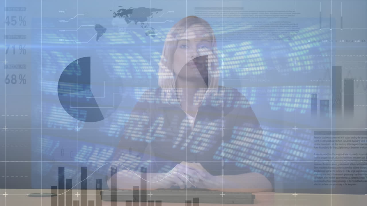 여성 tv 진행자에 대한 금융 데이터 처리의 애니메이션