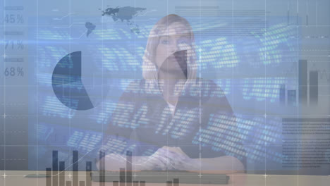 animación del procesamiento de datos financieros sobre presentadora de televisión femenina