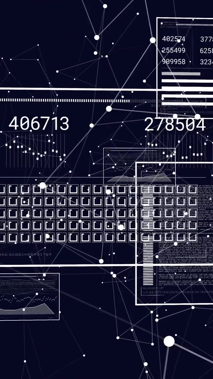 Animation of screens with data processing over dark background