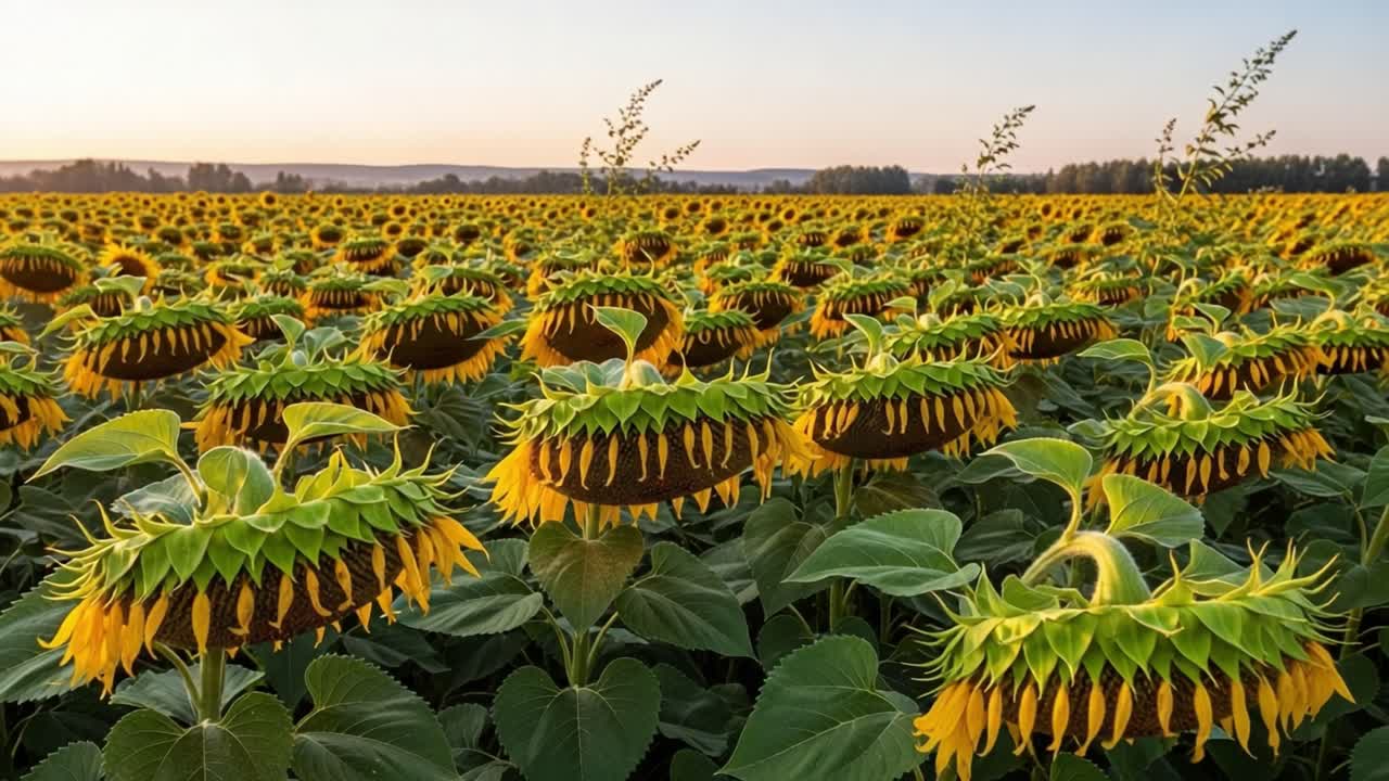 A Breathtaking View of a Sunflower Field at Dusk, Showcasing Vibrant Yellow Blooms and Lush Green Leaves Under a Soft Golden Sky