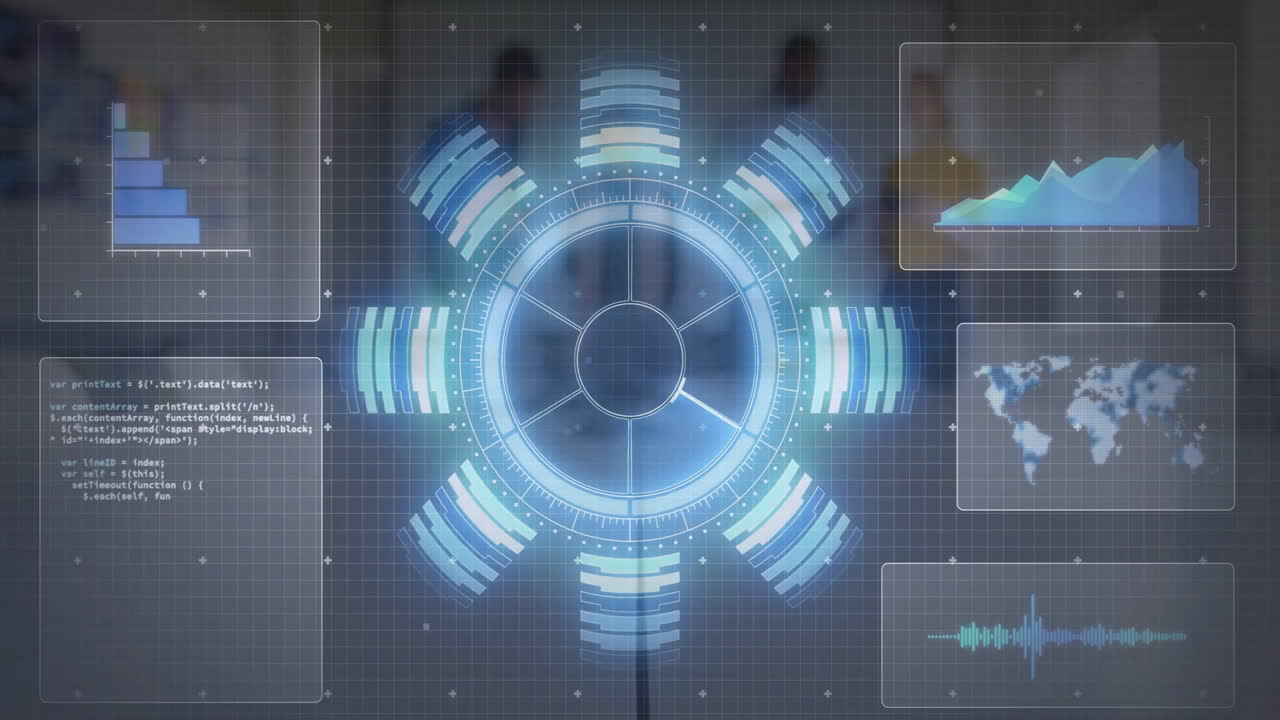 Business team analyzing digital interface, showcasing holographic chart panels and world map