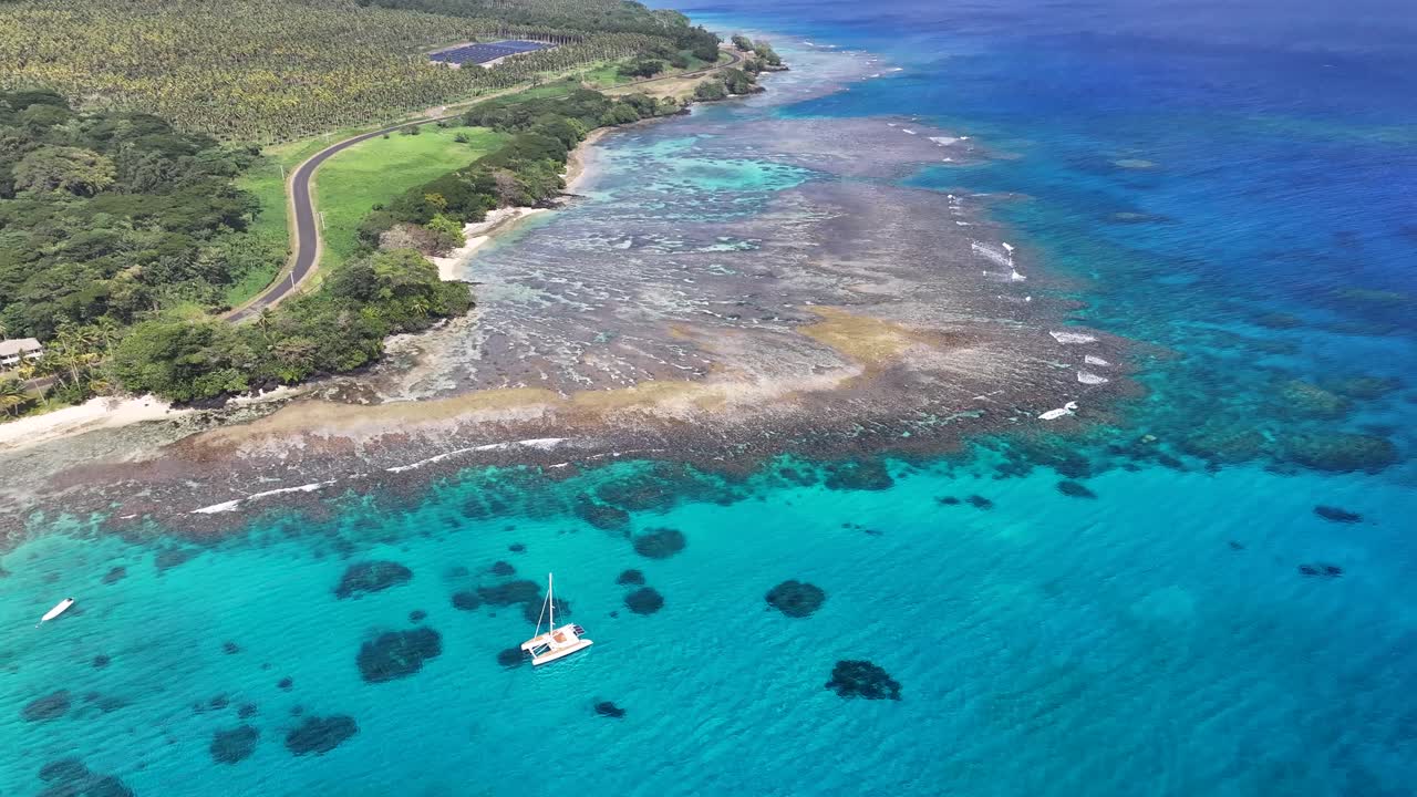 Coastal Road And Turquoise Sea Of Taveuni Islands In Fiji. Aerial Drone Shot