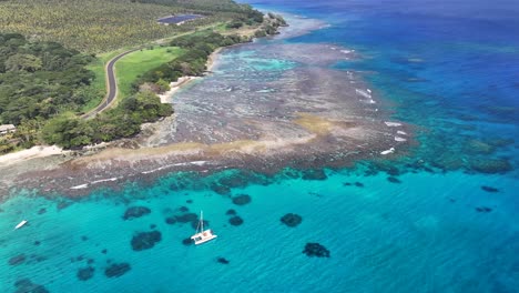 coastal road and turquoise sea of taveuni islands in fiji. aerial drone shot