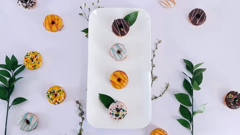 mini rosquillas coloridas en un plato blanco