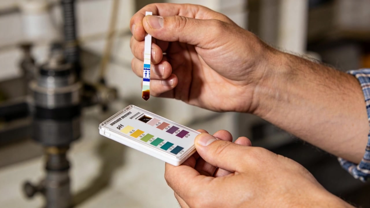 Dipping plaid-sleeved hands exposing pH strip to sample in utility room, matching chart, reading pH