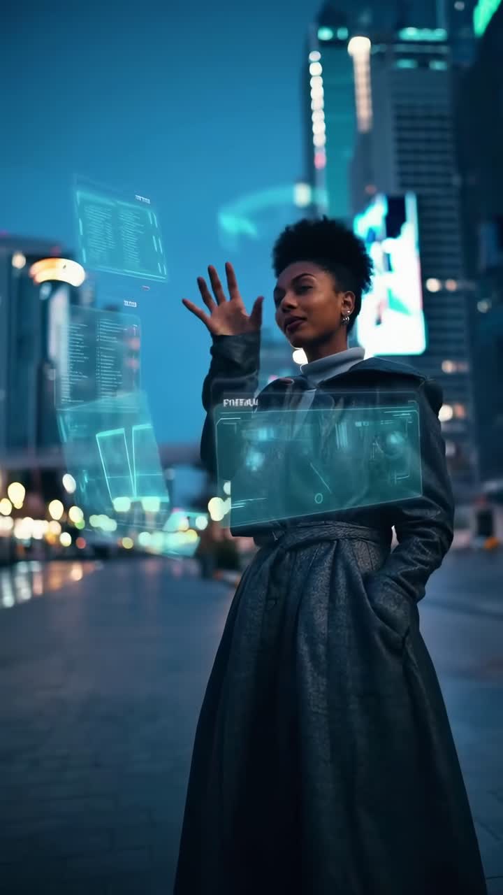 Futuristic cityscape video with a low-angle view of a woman interacting with holograms