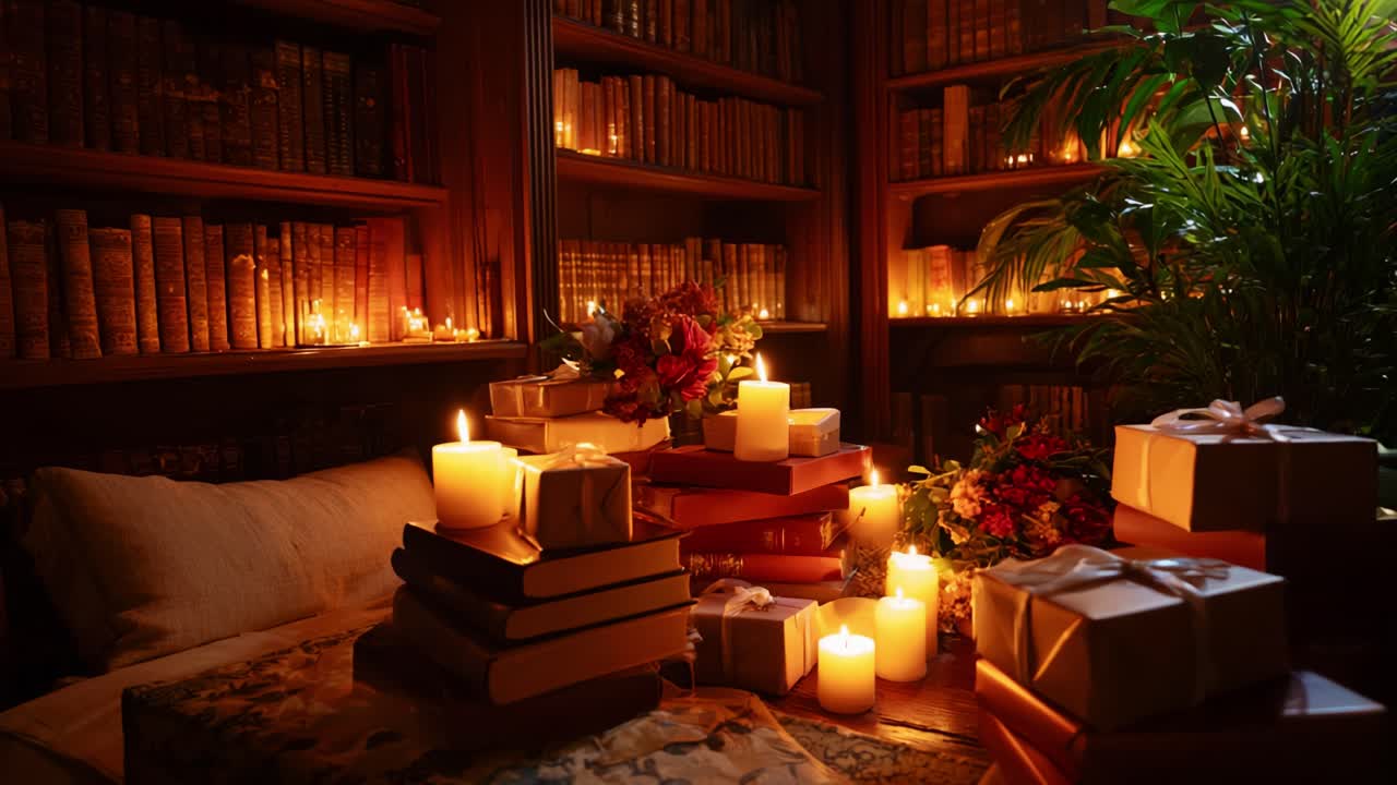 A Cozy Evening Surrounded by Warm Candlelight, Enveloping an Inviting Space Rich with Books and Thoughtful Gifts, Perfect for Relaxation and Reflection in a Peaceful Atmosphere Filled with Ambiance