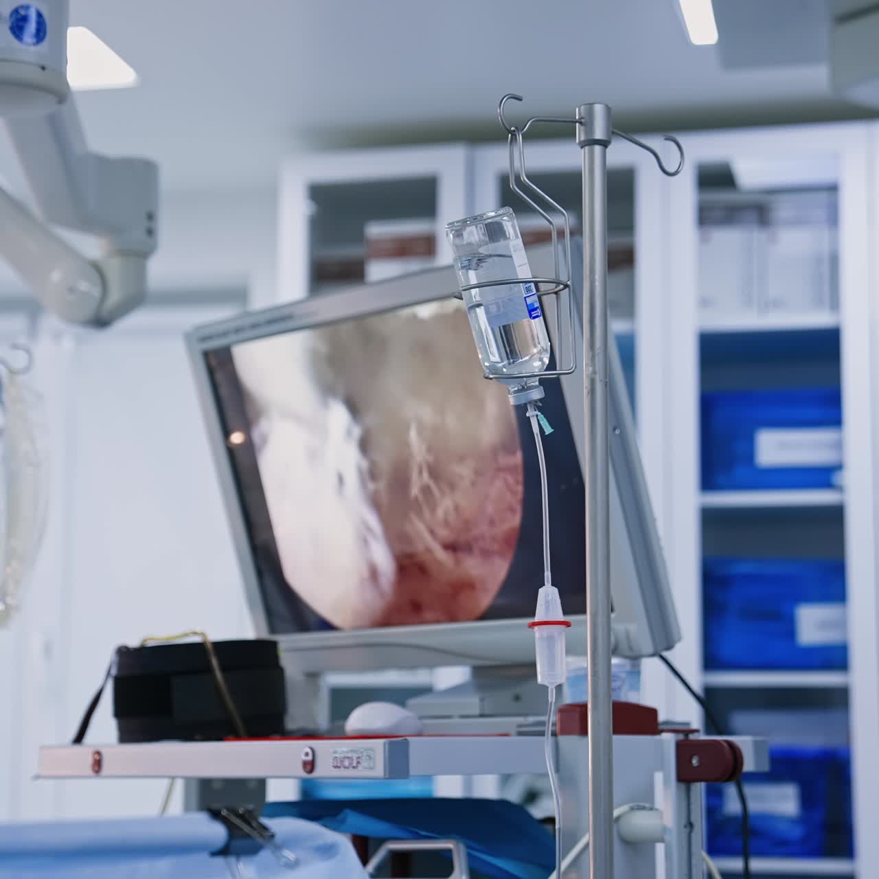 Nurse inserting the drop counter into bottle of medicines. Screen shows the work of surgical device at backdrop