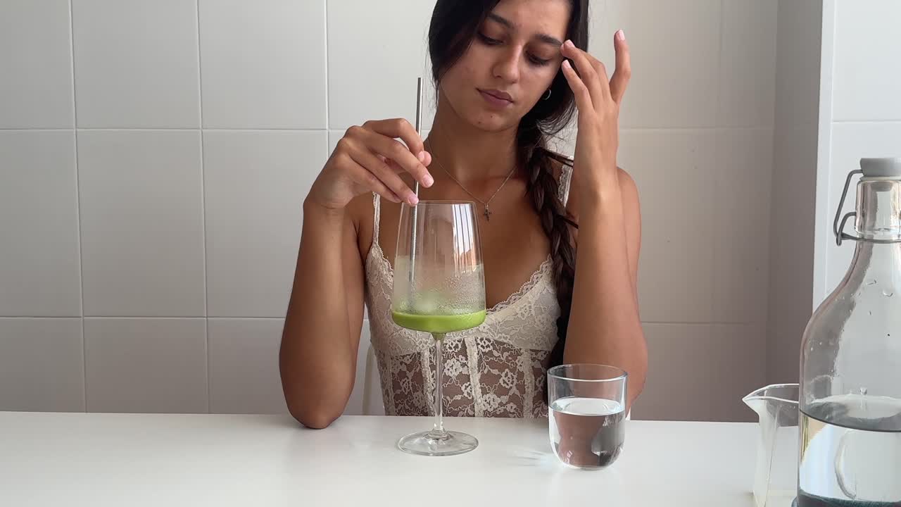 Giovane donna che mescola e beve una bevanda verde salutare