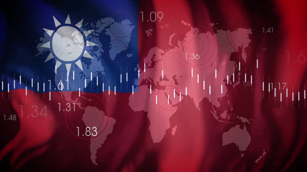 대만 발 배경에 금융 데이터 애니메이션을 가진 세계 지도