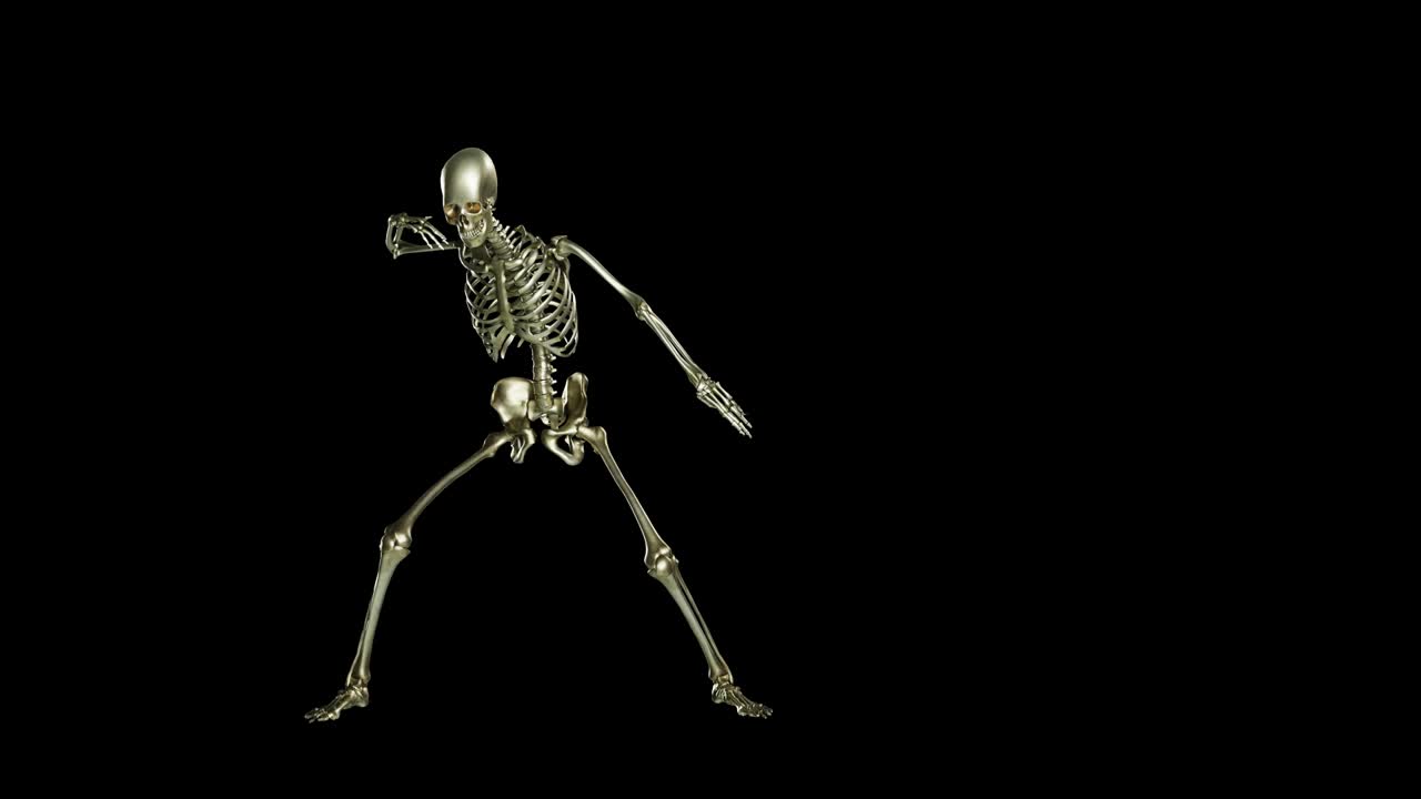 baile de esqueleto. animación de bucle sin costuras en fondo negro, baile de casa, personaje fantasma, cráneo bailando, video con luma matte, renderizado en 3d
