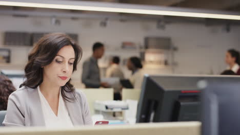 ejecutiva de negocios trabajando en una computadora usando un teléfono inteligente conectado a datos globales en una oficina corporativa ocupada