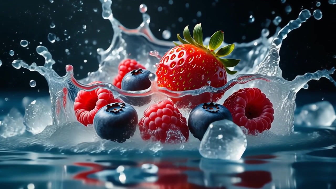 Frutti di bosco freschi che schizzano nell'acqua con cubetti di ghiaccio