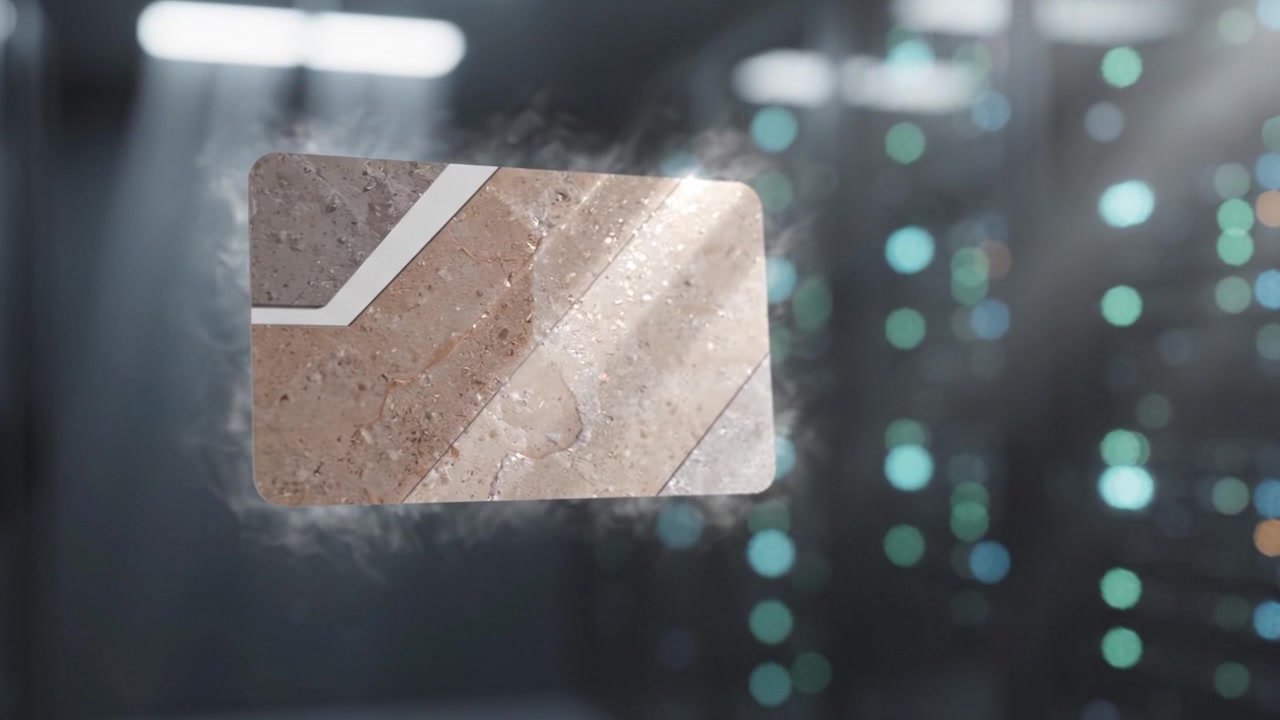 Una tarjeta elegante y moderna flota en una sala de servidores de alta tecnología, mostrando un diseño elegante en medio de un telón de fondo de servidores iluminados y efectos de iluminación suave.