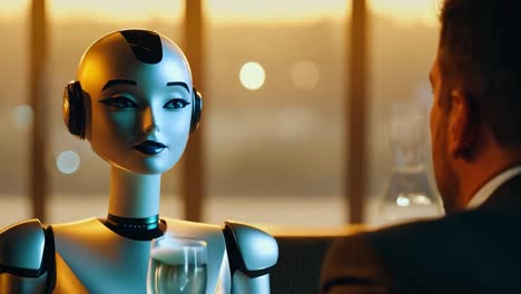 a humanoid robot sits across from a man at a dinner table