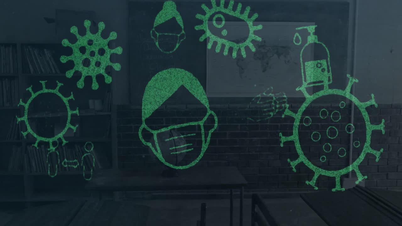 빈 교실에 대항하는 코로나바이러스 개념 아이콘