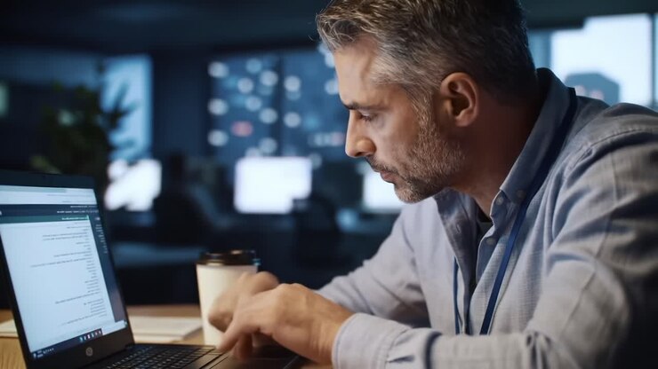 En fokuseret professionel arbejder sent med en bærbar computer på et svagt oplyst kontor, analyserer data og udarbejder rapporter med koffein som brændstof.