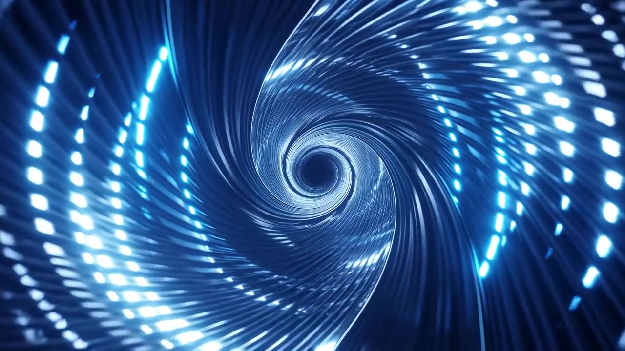 Blue Spiral Light Tunnel With Pulsating Dots Creating Hypnotic Data Vortex Motion, Sleek Metallic Ribbons