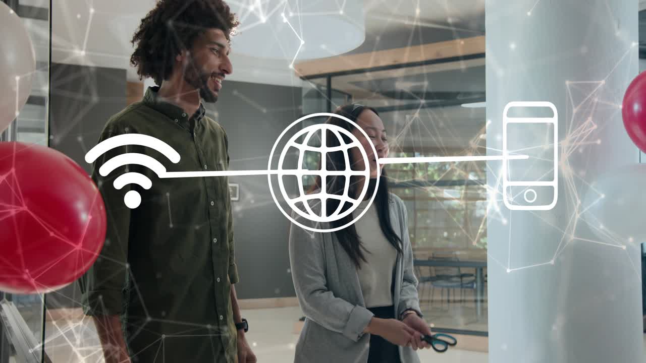 Team laughing showing pillar, she pointing remote causing overlay with WiFi globe for tech launch