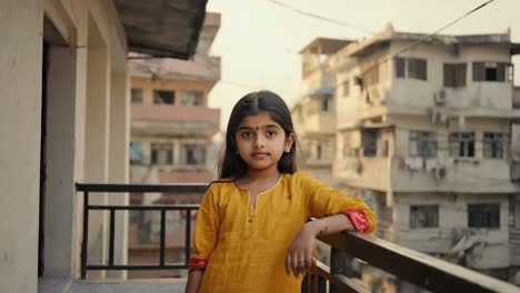 portrait of a young indian girl wearing a vibrant yellow dress, standing on a balcony and gazing at the bustling urban landscape on a bright, sunny day