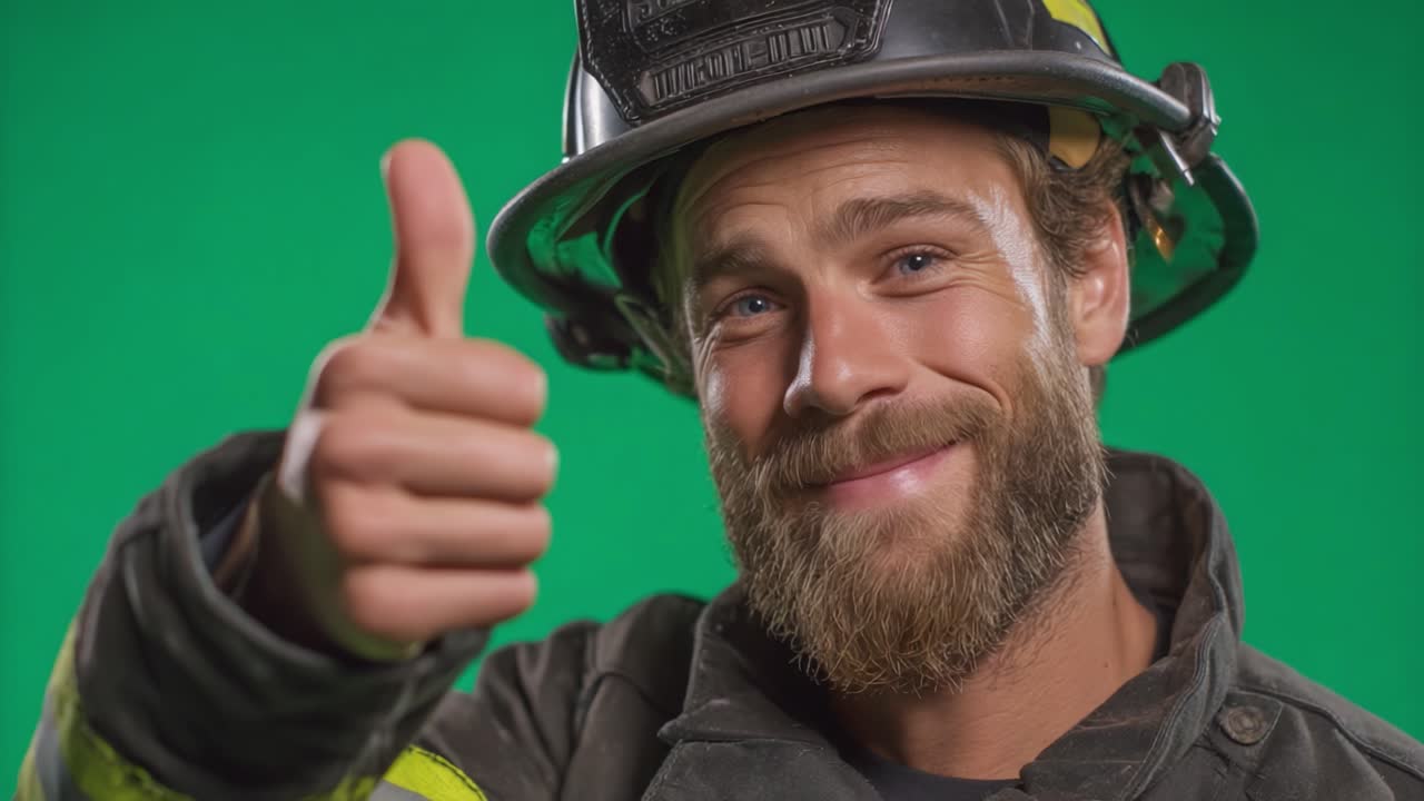 A Confident Firefighter Expressing Positivity with a Thumbs-Up Gesture While Wearing Protective Gear Against a Green Background