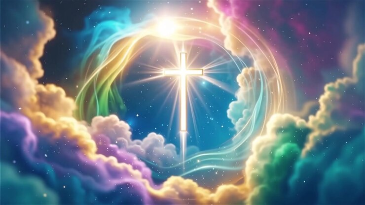 Croce Cristiana Luce Celestiale Sfondo per il Culto.