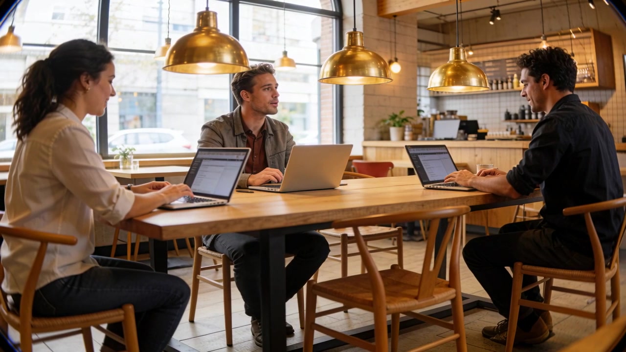 Ein Mann im Blazer beginnt im Café eine Diskussion, während das Team zur Planung auf Laptops tippt.