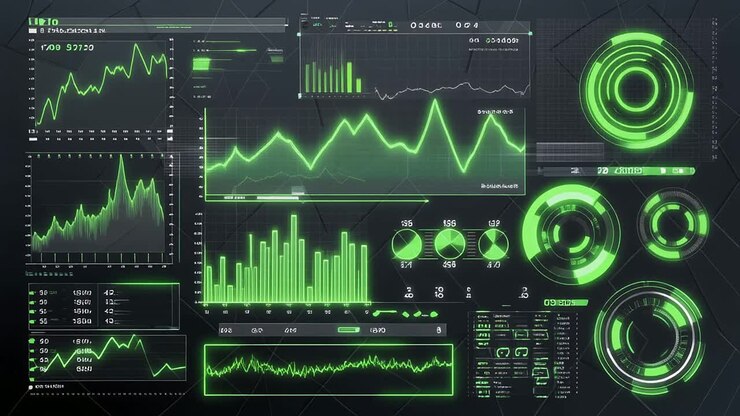 Futuristic Digital Interface Displaying Data and Graphs