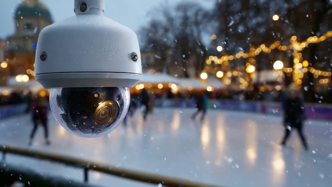 Telecamera di sorveglianza che si affaccia su una pista di pattinaggio su ghiaccio invernale, catturando l'atmosfera gioiosa tra una leggera nevicata e le luci festive sullo sfondo, migliorando la sicurezza e lo spirito delle feste