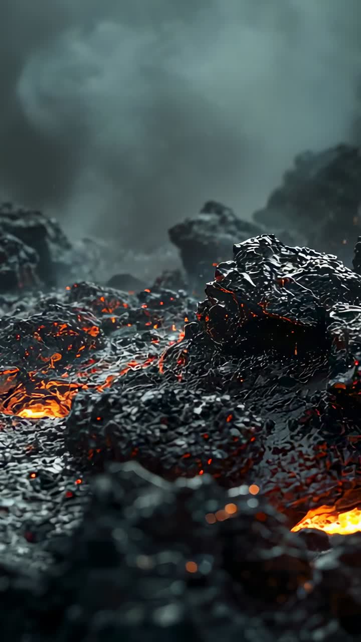 Vertical video: Heat rising, lava crust shifting, exposing lava pockets on lava field, steam rising