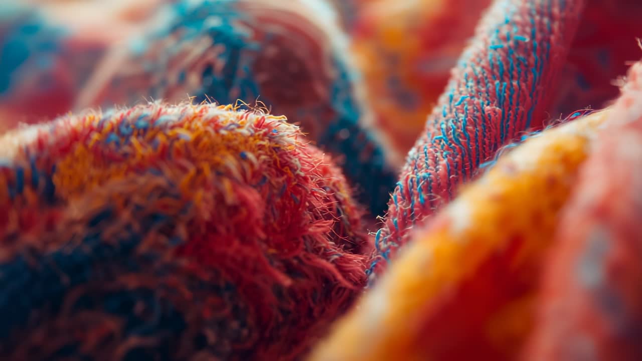 Opening on knitted fabric, camera shifting focus across ridges on set showcasing vivid yarn texture
