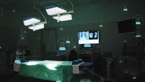 Animation-Eines-Netzwerks-Medizinischer-Symbole-Und-Datenverarbeitung-über-Einem-Krankenhausbett