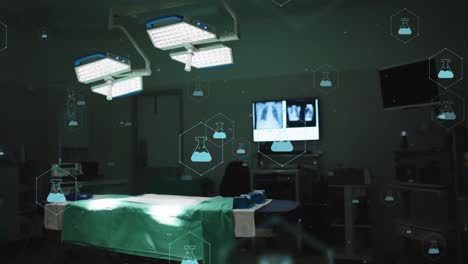 animación de la red de iconos médicos y procesamiento de datos sobre la cama del hospital