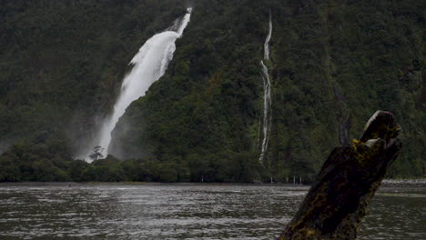 slow motion shot of waterfall in milford sound with a log in the foreground - piopiotahi, new zealand